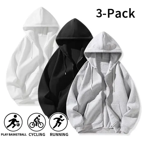 Men’s zip-up hoodie three-piece set — solid color, loose fit, zipper design, suitable for running, cycling, and indoor/outdoor use — multifunctional menswear