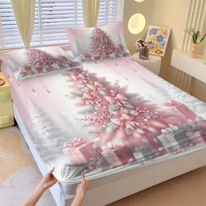Pink Christmas Theme Fitted Sheet Set, Includes 1 Fitted Sheet and 2 Pillowcases, Christmas Tree, Bowknot, Gift Box and Silver Gray Decor Elements, Soft Skin-Friendly, Perfect for Bedroom Decor or Holiday Gifts