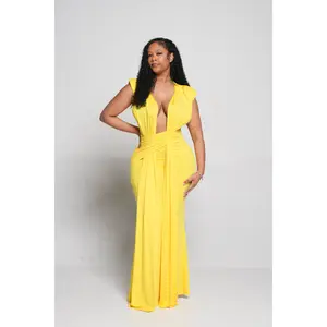 ND Yellow Deep Plunge Neckline Twist Front Flowy Maxi Dress