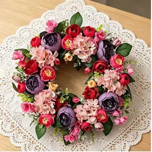 Artificial Flower Wreath, Peonies and Hydrangeas, Leaves, Suitable for Indoor and Outdoor Decorations