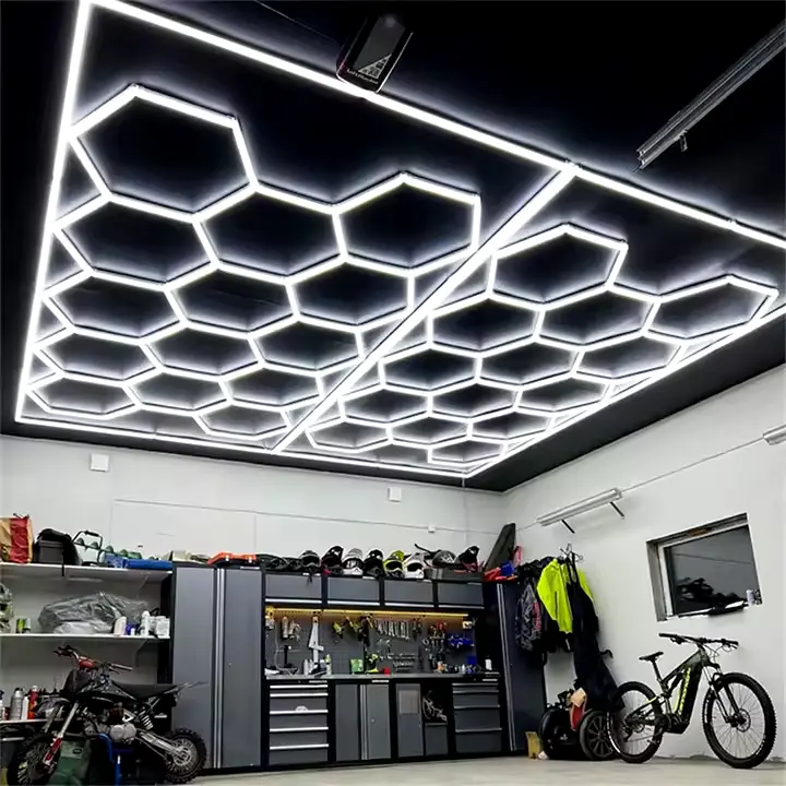 LED Hexagon Garage Lights 6500K Car Detailing Shop Light with Border 14-Grid