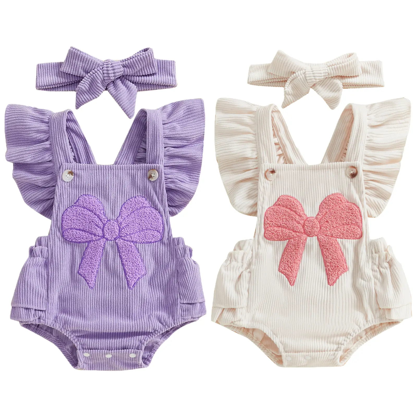 Newborn Baby Girl Summer Bow Overalls Romper Cute Bow Embroidery Ruffle Sleeve Backless Jumpsuit Boho Bodysuit with Headband Clothing