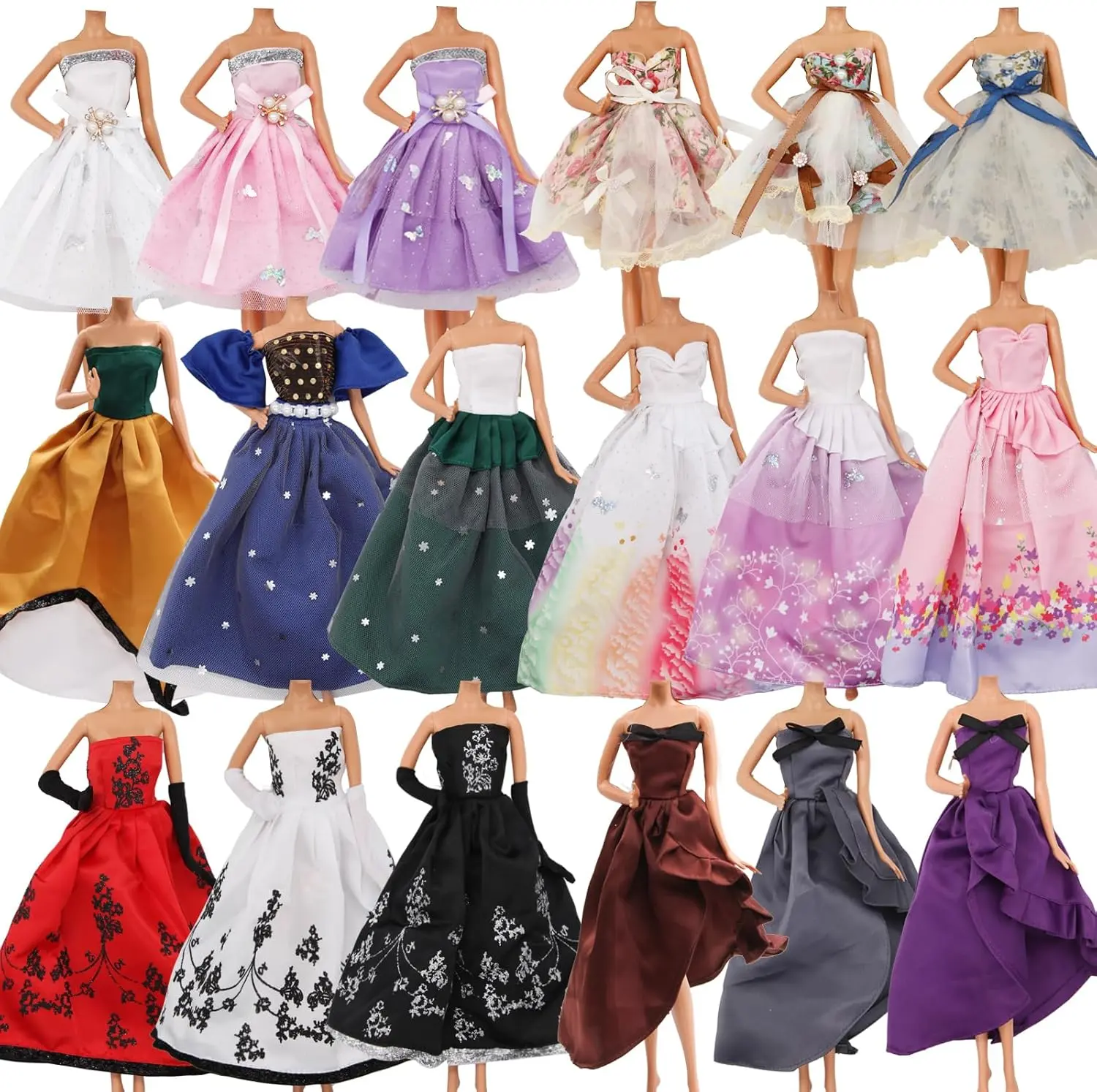 Dress your 11.5 inch doll in elegant handmade wedding and party gowns. Includes 6 beautiful dress styles with matching gloves for imaginative dress-up fun.