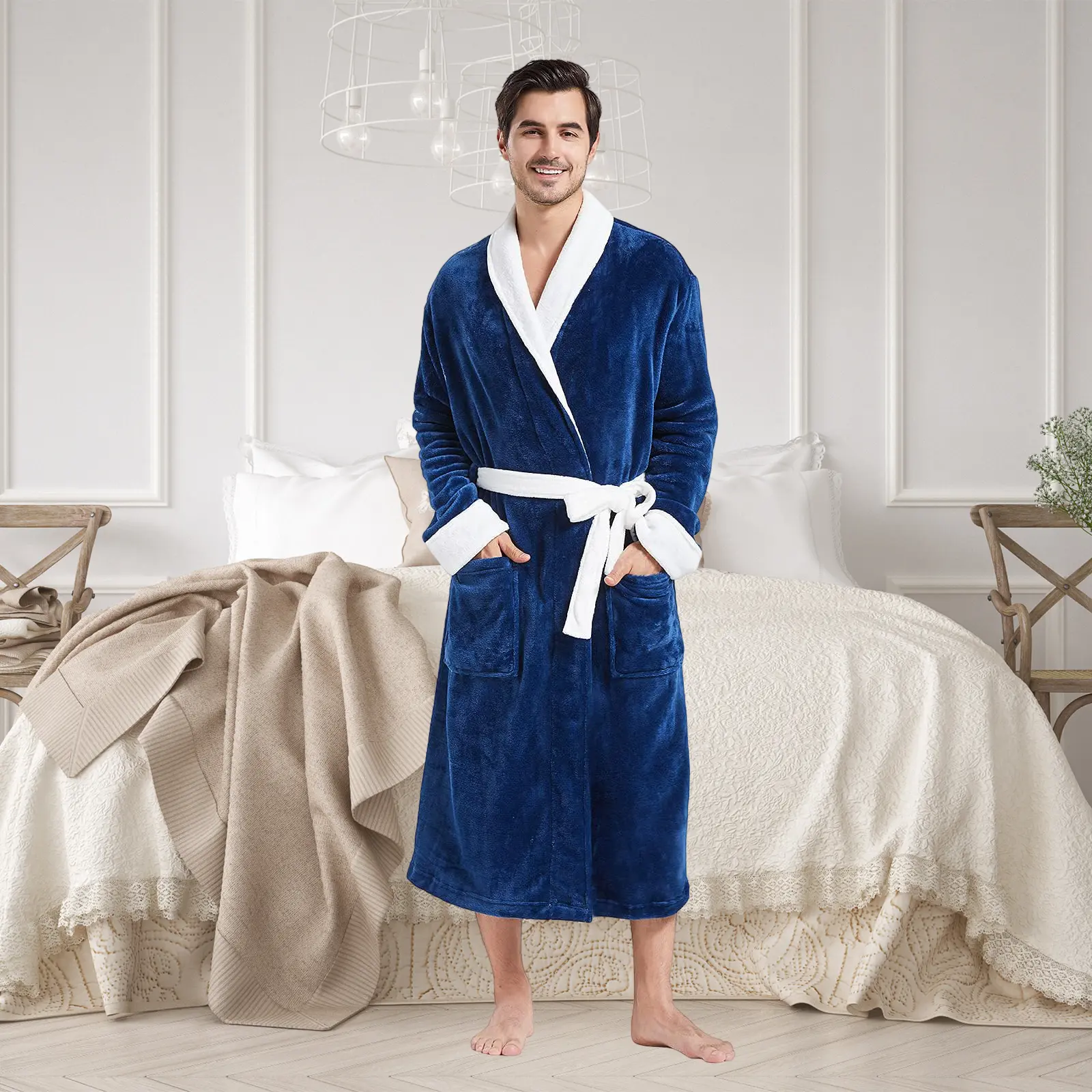 FashGudim Mens Robe Plush Robes for Men Warm Soft Fleece Bathrobe Calf Length Shawl Collar Short House Robes with Pockets  Belt Menswear Bottle Fabric Loungewear Ties Long Sleeve Tropical Big Nightwear tini's apron Plush Hooded