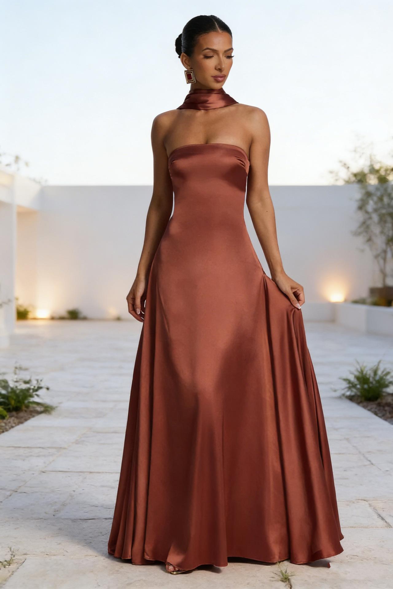 Womens Backless Tube-Top Waist-Cinching Evening Gown Long Dress