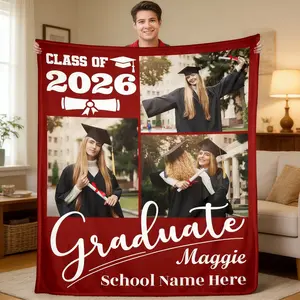 [Graduation Gift] Custom Name Flannel Blanket, Click Chat to Send photos, name, Comfortable, Soft Lightweight Throw Blanket, Multiple Colors for Graduation Season, Suitable for Holiday Gifting and Birthday Presents, Personalized School Name Throw Blanket