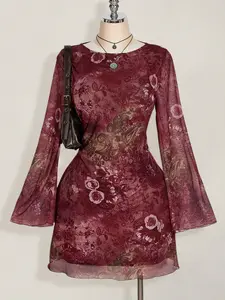 ICON Plus Size Y2K Vintage Paisley Mesh Bell Sleeve Dress – Sexy Festival & Fall Outfit For Women