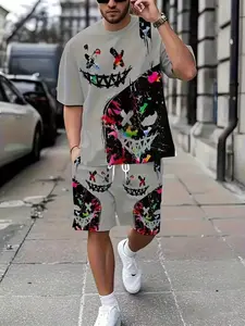 Men's Trendy Graphic Print Set, Summer Casual Short Sleeve Shorts Two-Piece Set, Fashion Street Style Couple Wear