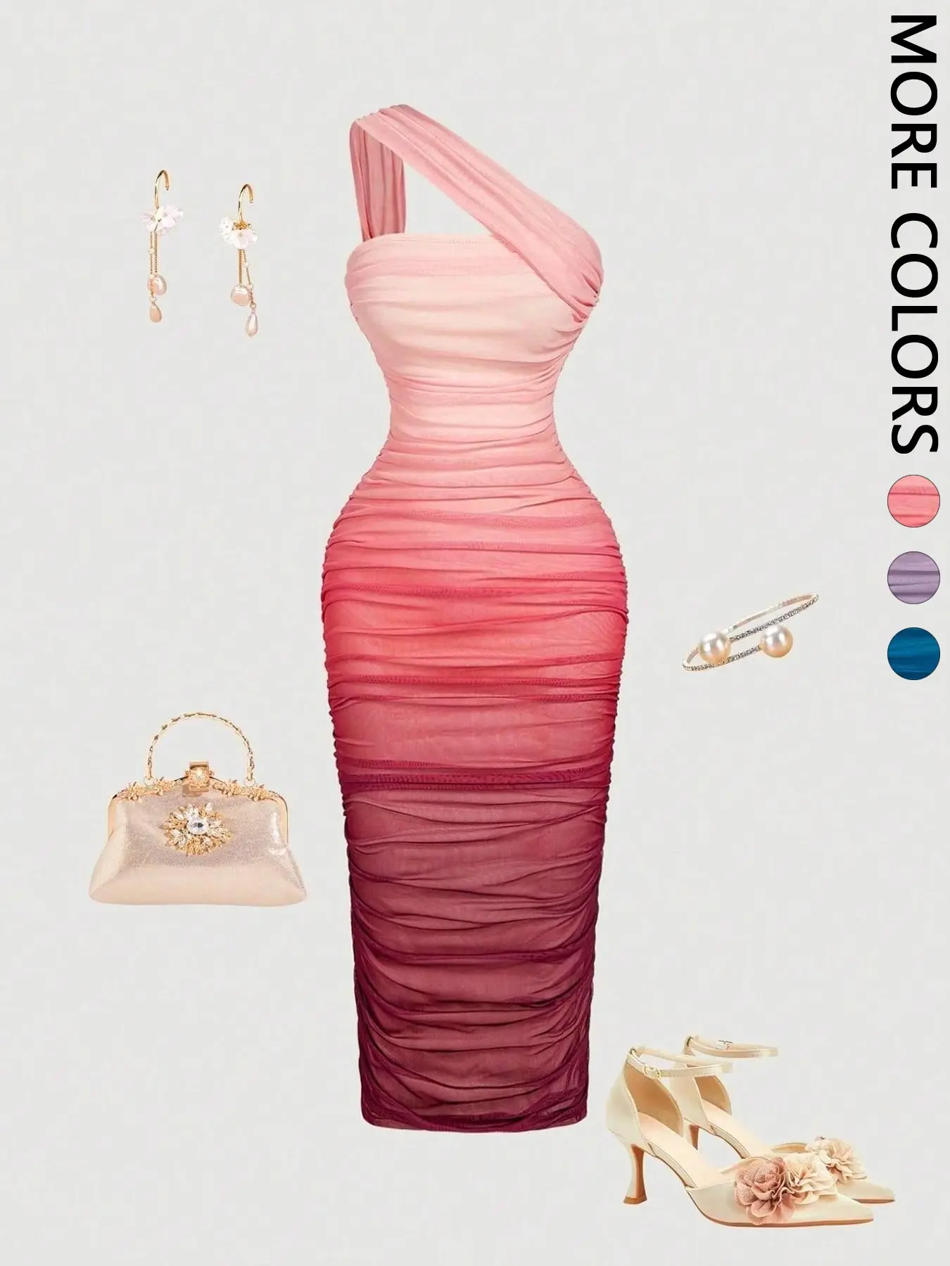 1 Spring Summer Ombre Gradient One Shoulder Midi Dress Women | Ruched Mesh Bodycon Slim Fit | Elegant Sexy Coquette Formal Chic Style for Wedding Guest Cocktail Party Evening Date Night Elegant Evening Wear
