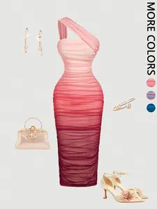 1 Spring Summer Ombre Gradient One Shoulder Midi Dress Women | Ruched Mesh Bodycon Slim Fit | Elegant Sexy Coquette Style for Wedding Guest Cocktail Party Date Night