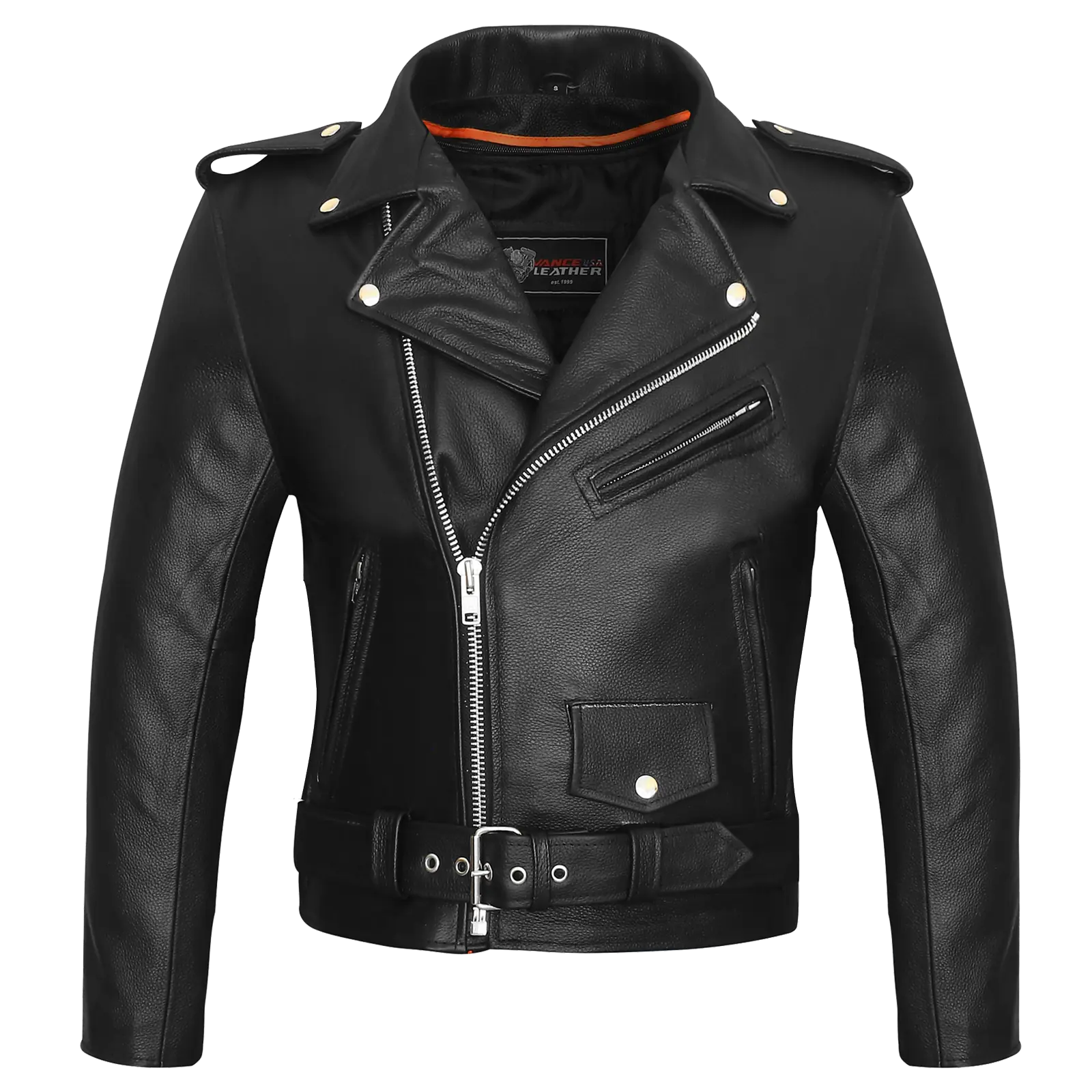 Men's Classic Police Style Black Leather Motorcycle Jacket with Quilted Liner