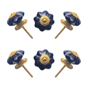 Dazzling Deep Blue Ceramic Multi-Lobed Knobs with Antique Brass Accents (Set of 6) - 1.75 Inch - CDNY