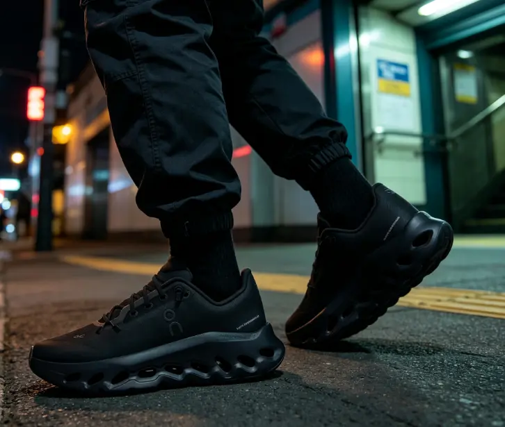 All Black Smooth Upper Running Sneakers With Hollow Cutout Thick Cushioned Outsole, Lightweight Low Top Athletic Shoes For Urban Street Walking And Daily Training