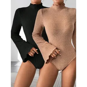 Women’s solid ribbed long-sleeve bodysuit, elegant fashion casual bodysuit for daily outdoor wear, women’s clothing for spring