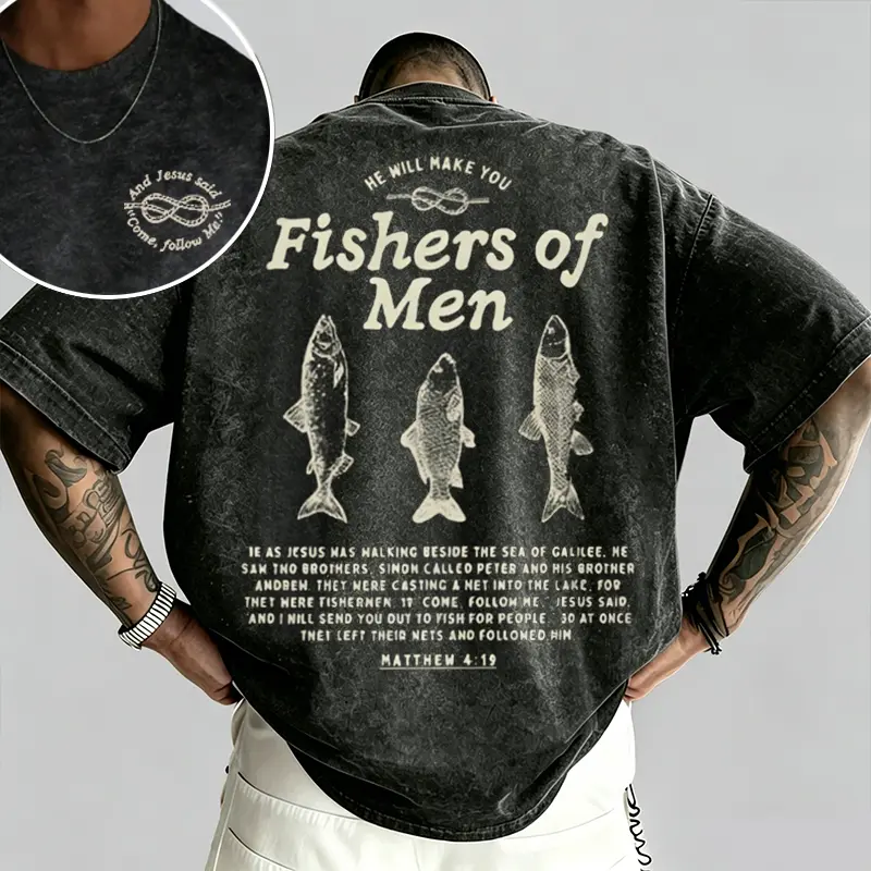 Fishers Of Men Matthew 4:19 Washed Christian Tee | Follow Me Jesus Oversized Shirt,Matthew 4:19 Fishers Of Men Vintage Tee | Retro Christian Fisherman Oversized Top,Men's T-shirt