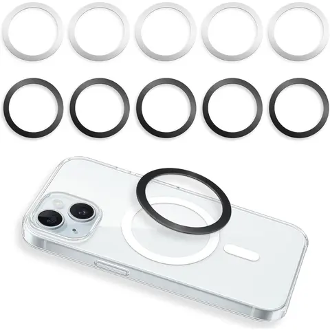 10Pcs Magnetic Phone Ring Sticker Ultra-Thin Metal Universal, Self-Adhesive Iron-Metal Ring for Wireless Charging & Car Mount, 5.5cm, TPU/Silicone/PC Case Compatible, 5 Black + 5 Silver