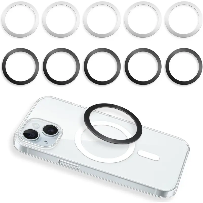 10Pcs Magnetic Phone Ring Sticker Ultra-Thin Metal Universal, Self-Adhesive Iron-Metal Ring for Wireless Charging & Car Mount, 5.5cm, TPU/Silicone/PC Case Compatible, 5 Black + 5 Silver