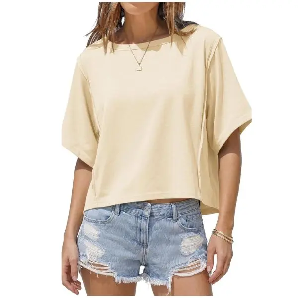 Fisoew Womens Oversized Crop Tops Summer Short Sleeve Crewneck T Shirts Casual Loose Basic Tee Workout Shirts,summerwins,summeroutfits,vacationoutfits,beachoutfits