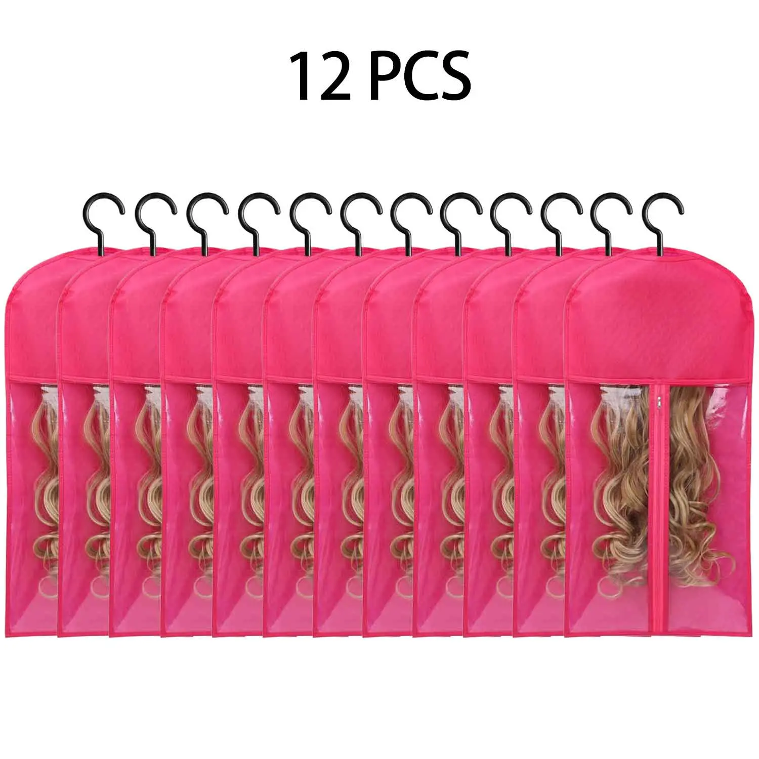 24Pcs Wig Storage Bags with Hook System - Transparent Zippered Dustproof Covers, Hanging Hangers for Salon & Home Care, Hair Supplies, Adults, Blue & Rose Red Closet Organizers, 24Pcs Rose Red