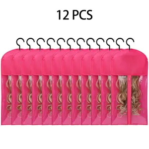 12Pcs Wig Storage Bags with Hook System - Transparent Fabric Zippered Dustproof Cover Bags, Tangling Stopper Hair Extension Holders, Hanging Storage Hangers for Salon & Home Beauty Haircare Use