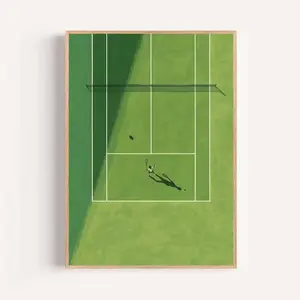Minimalist Tennis Court Poster, Green Sport Wall Art for Living Room Bedroom Office, Clean Aerial Player Design Modern Aesthetic Gift for Tennis Fans