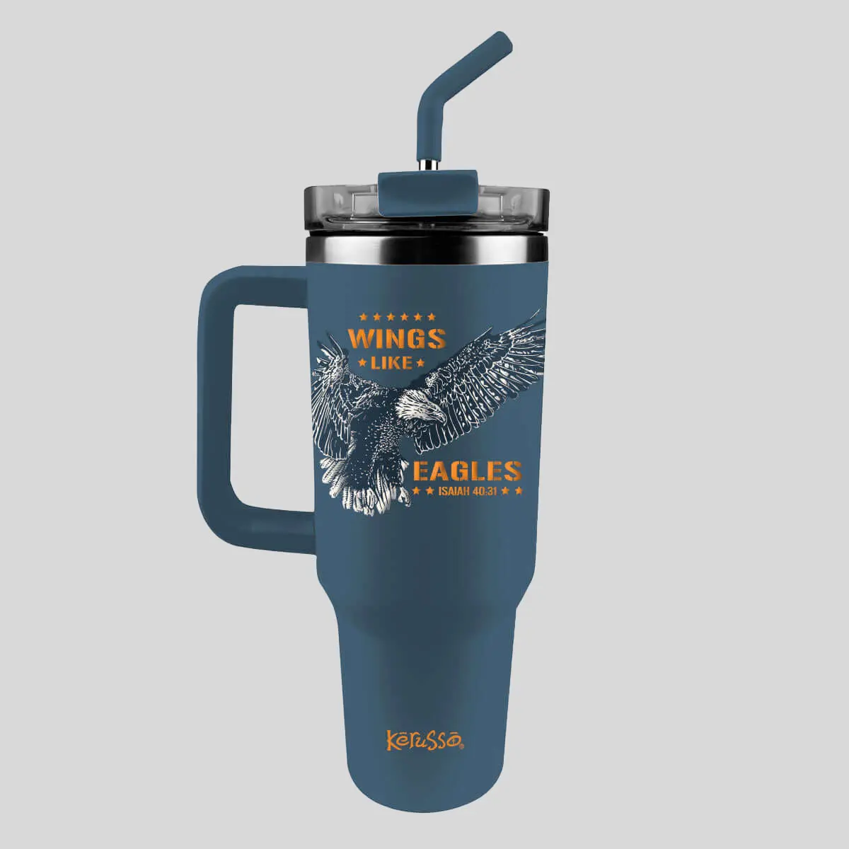 Kerusso 40 oz Stainless Steel Mug, 3D Digital Printing Process, Acrylic Lid, Straw Lid, Stainless-Steel Straw with Silicone Tip, Wings Like Eagles Design Vacuum Flask Drinkware