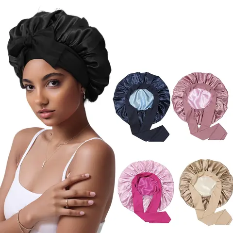Women's Adjustable Double Layer Satin-Silk Haircare Sleep Cap - Silk Bonnet with Tie Band, 2-Color Reversible Anti-Frizz Accessory for Curly Natural & All Hair Types, Black & Pink for Overnight Curls & Heatless Hairstyle
