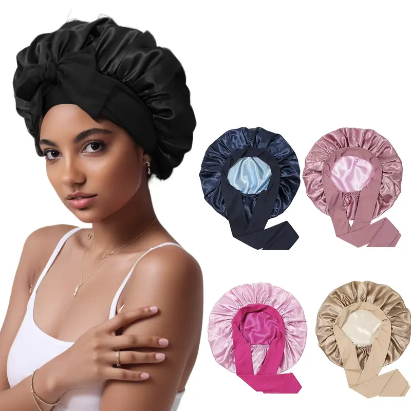 Women's Adjustable Double Layer Satin-Silk Haircare Sleep Cap - Silk Bonnet with Tie Band, 2-Color Reversible Anti-Frizz Accessory for Curly Natural & All Hair Types, Black & Pink for Overnight Curls & Heatless Hairstyle
