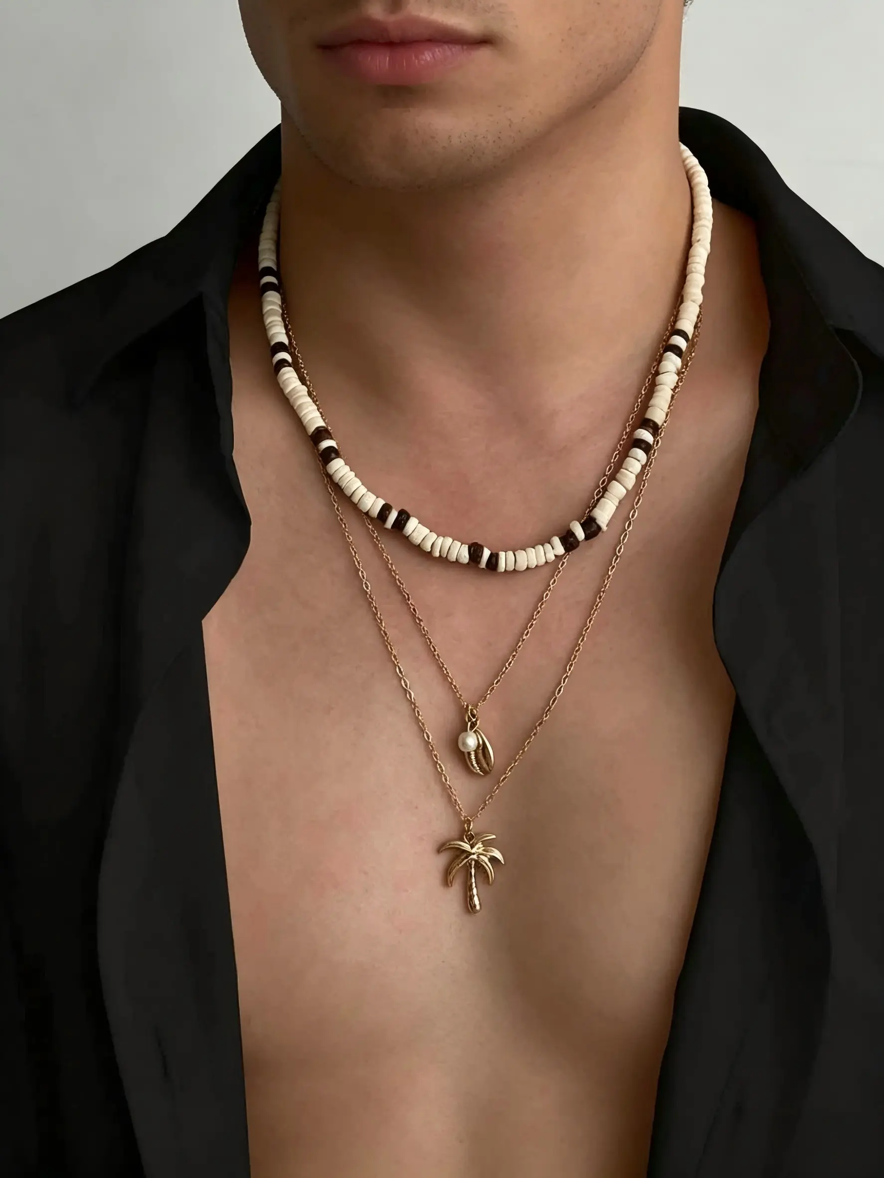 3-Piece Summer Men's Boho Coconut Shell Necklace Set, Trendy Necklace, Accessory Necklace, Tropical Palm Tree Pendant, Casual Daily Wear Jewelry Gift