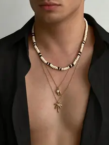 3-Piece Summer Men's Boho Coconut Shell Necklace Set, Tropical Palm Tree Pendant, Casual Daily Wear Jewelry Gift
