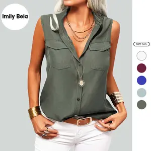 Imily Bela Women's Solid Lapel Sleeveless Tank Tops Summer Button Down Shirts Office Ladies Shirts