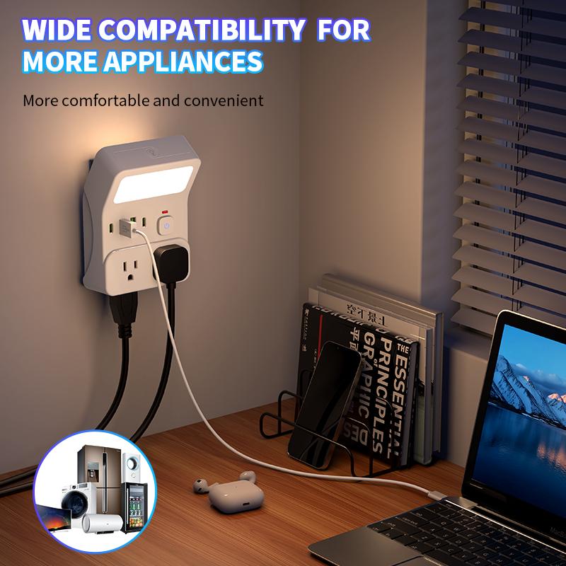 1pc night light wall socket, 4 AC sockets with overload protection, maximum power of 1250W, 10A, 2 USB 2 Type-C, suitable for home, office, travel and computer.