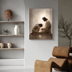 Jesus Comforting Grieving Woman Canvas Wall Art, Framed/Unframed Religious Print, Neutral Beige Christian Poster for Living Room & Prayer Room