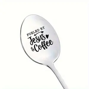 Inspirational Stainless Steel Spoon, Cutlery, Powered by Jesus & Coffee Design, Perfect Christian Gift, Ideal for Christmas Stocking Stuffer