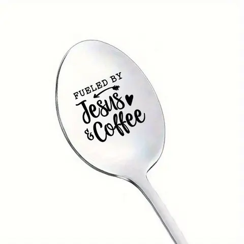 Inspirational Stainless Steel Engraved Spoon, Cutlery, Tableware, Utensils, Powered by Jesus & Coffee Design, Perfect Christian Gift, Ideal for Christmas Stocking Stuffer