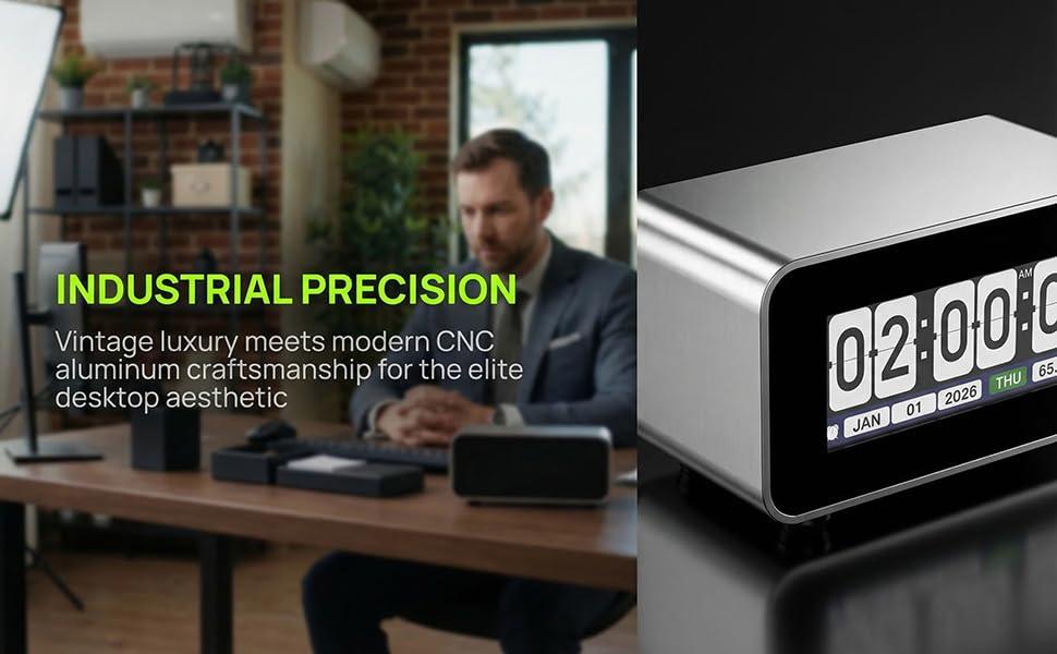Flip E Clock – Retro Digital Flip Desk Clock with 2.79" HD TFT Display, Precision CNC Aluminum Frame, Auto-Dimming, Temperature Monitor, Smart Alarm, Home & Office Decor