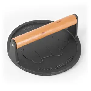 COMMERCIAL CHEF Pre-Seasoned Cast Iron Press with Easy Grip Wooden Handle, 7-Inch Surface with Grill Marks, Chef Press Round Grilling Accessory