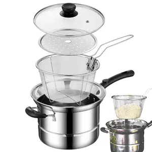 Stainless steel multi-purpose pot, with frying basket, steaming rack, glass cover and filter, with handle, suitable for cooking meat juice and vegetable steamer, essential kitchen tool