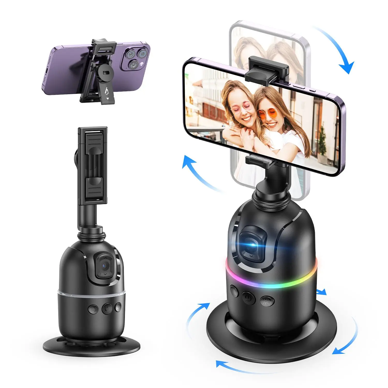 Auto Face Tracking Tripod, Rechargeable 360° Rotatable Phone Camera Stand with Gesture Control & Colorful Light Ring, Smart Shooting Phone Holder, Vlo