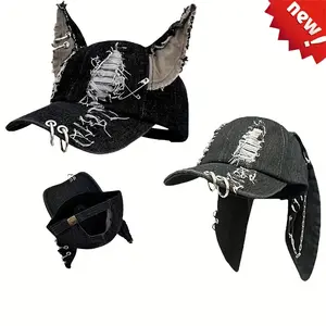 Grunge Queen Alert!🐾⛓️ Distressed Denim Cat Ear Trucker Hat - Adjustable Punk Baseball Cap with Metal Ring Details for Concerts, Daily Edge & Coachella Vibes🎸#Y2KRevival#PunkFashion"