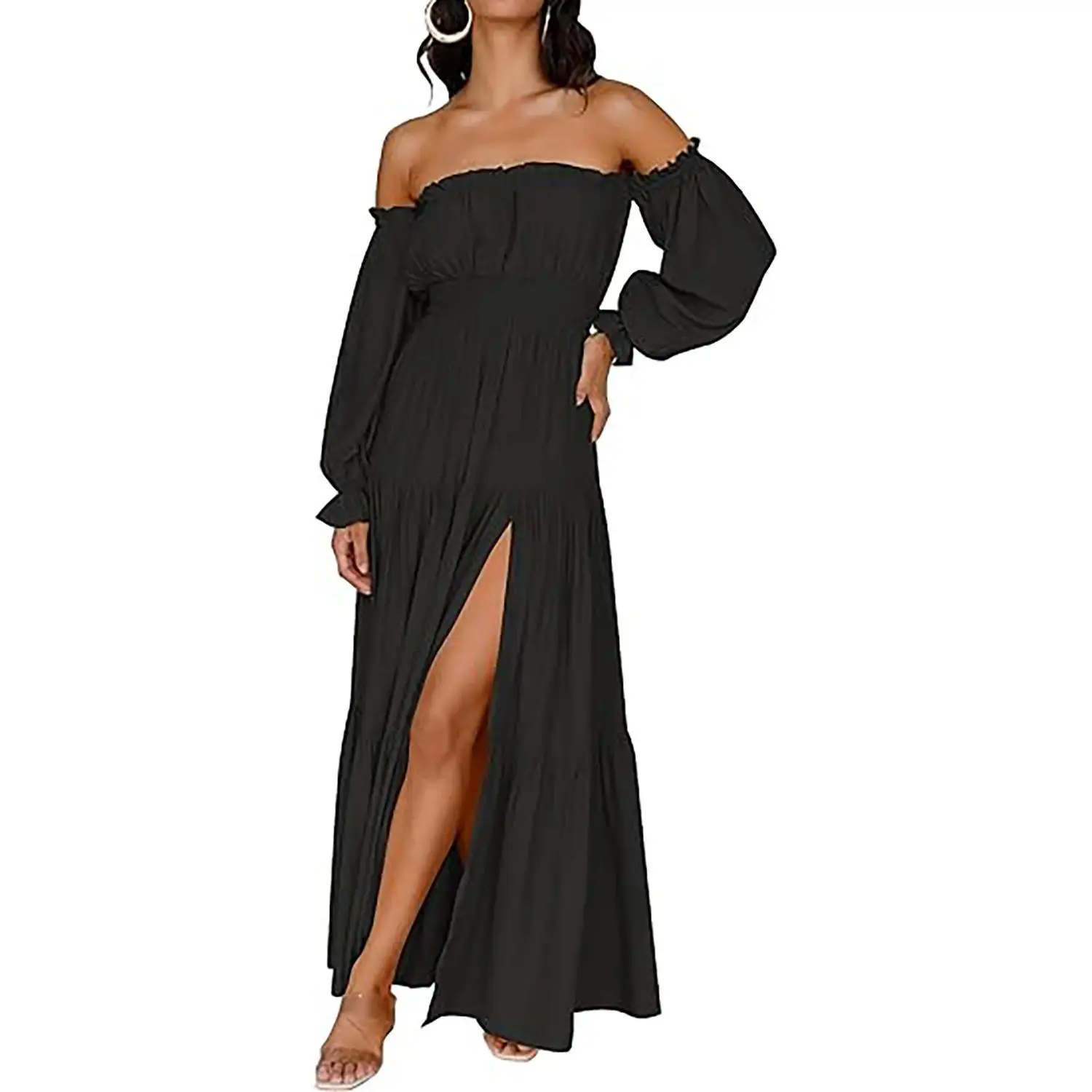 long black formal dresses plus size Plus Size Empire Waist Chiffon Maxi Dress with Long Lantern Sleeves –  Ever-Pretty Plus main image 0