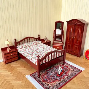 2026 New Vintage 1:12 Scale Dollhouse Bedroom Set, Floral Bed, Nightstand, Wardrobe and Full-Length Mirror, Mini Micro Scene Decor Ornaments (Not For Real Human Use)