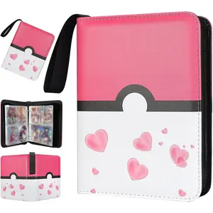 4 Pocket 400 Double Sided Pocket PU Premium Zip Trading Card Binder with 50 Removable Sleeves, Card Album Folder for TCG Sports Cards, Pink White