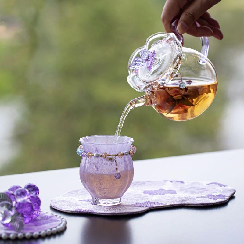 T11. Pink Butterfly Borosilicate Glass Tea Set – 1 teapot, 1 cup, heat-resistant, for home kung fu tea brewing