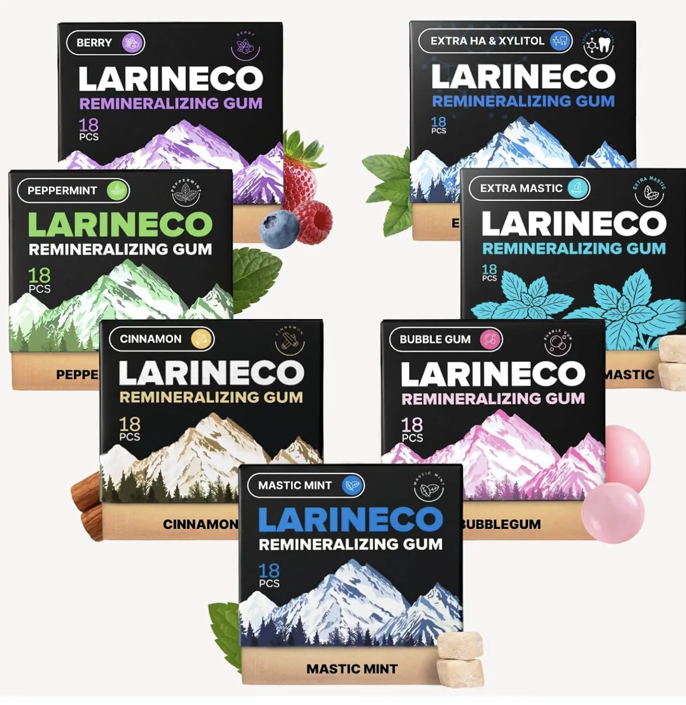 Larineco™ Remineralizing Gum Variety Pack with Nano Hydroxyapatite & Xylitol - Sugar Free - Dye-Free - 7 Flavors - Mint, Peppermint, Cinnamon, Berry, Bubble Gum, Extra Mastic & Extra Hydroxyapatite