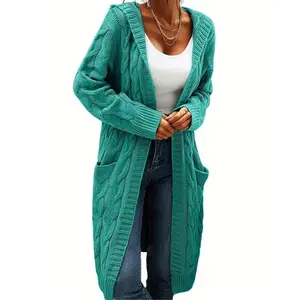 Elegant Plus Size Hooded Knit Cardigan, Long Sleeve Button Pocket Sweater Coat, Casual Plain Color Women's Fashion Outerwear
