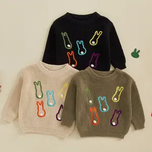 Afunbaby Toddler Baby Girl Boy Easter Sweater Bunny Embroidery Long Sleeve Crew Neck Knitwear Pullover Tops Jumper