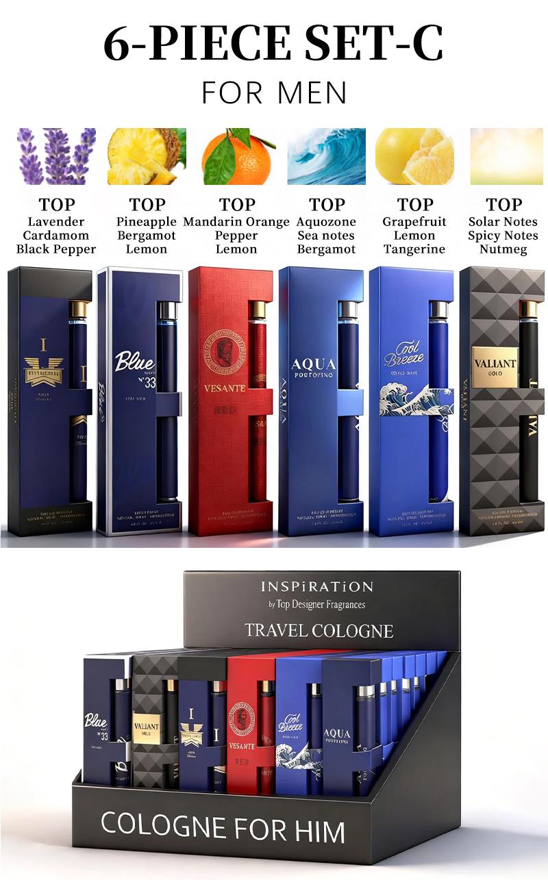 6-Piece Set Men's Eau De Toilette Fragrance, Cologne For Men,Travel Size Perfume, Long-Lasting , 6 Different Scents, Perfect For Dating, Daily Life, Parties,Gift Giving, 1.18 fl oz/35 ml Each Bottle