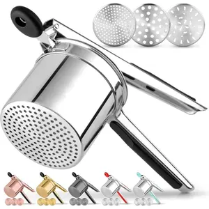 Premium Large 15oz Potato Ricer With 3 Interchangeable Discs, Heavy Duty Professional Stainless Steel Potato Masher and Ricer Kitchen Tool, Press and Mash Kitchen Gadget