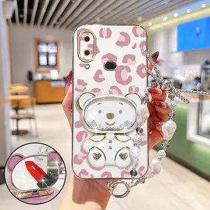 M01s Pink Luxury Leopard Print Bear Plating Jewelry Strap Lanyard Phone Holder Case with Shockproof Cover Compatible with For Samsung Galaxy M01s